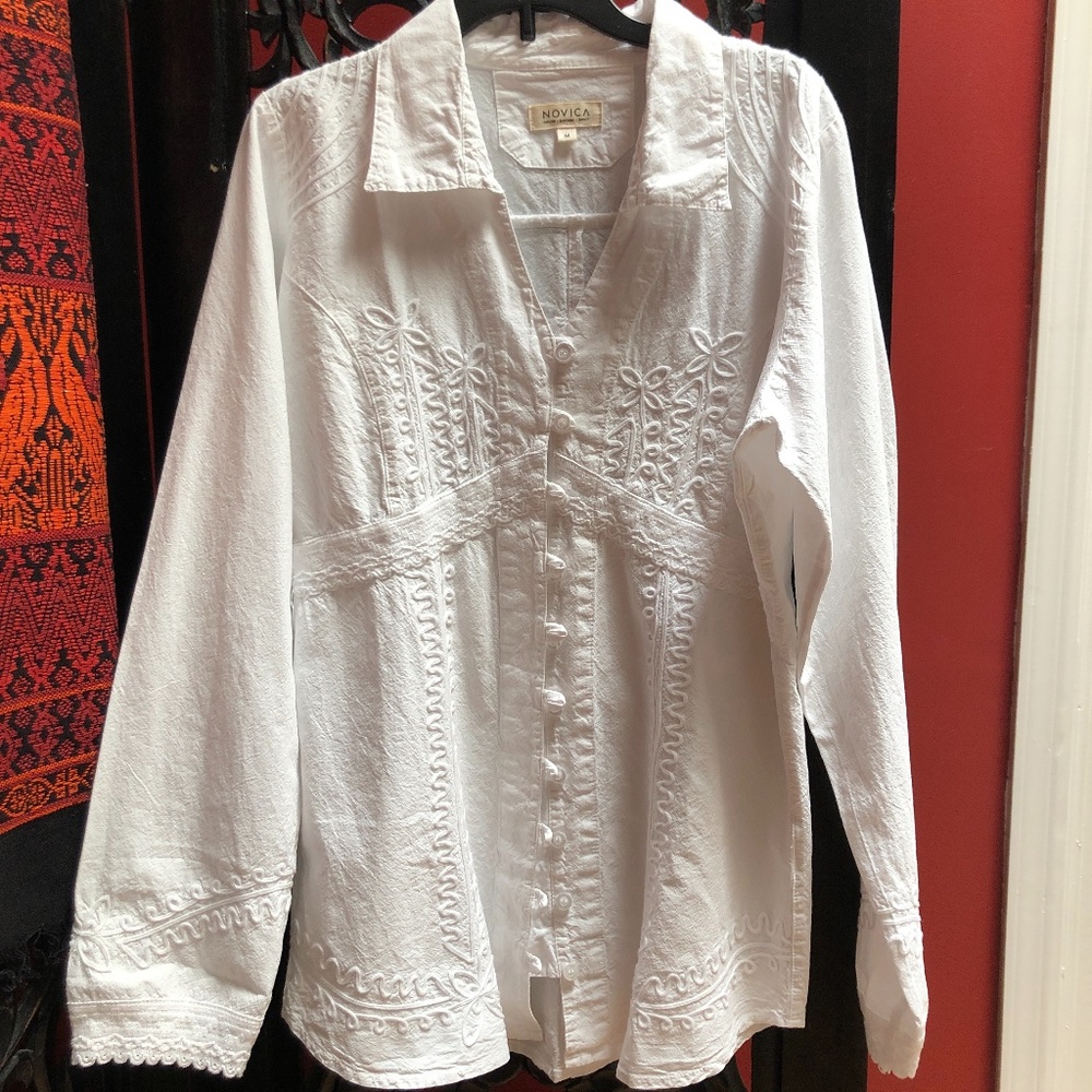 Stunning Organic Cotton White Embroidered - Embellished Top Peru